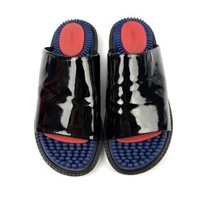 Kenzo Slides 37 Black Patent Leather Slip On Shoes Textured Footbed Womens Shoes